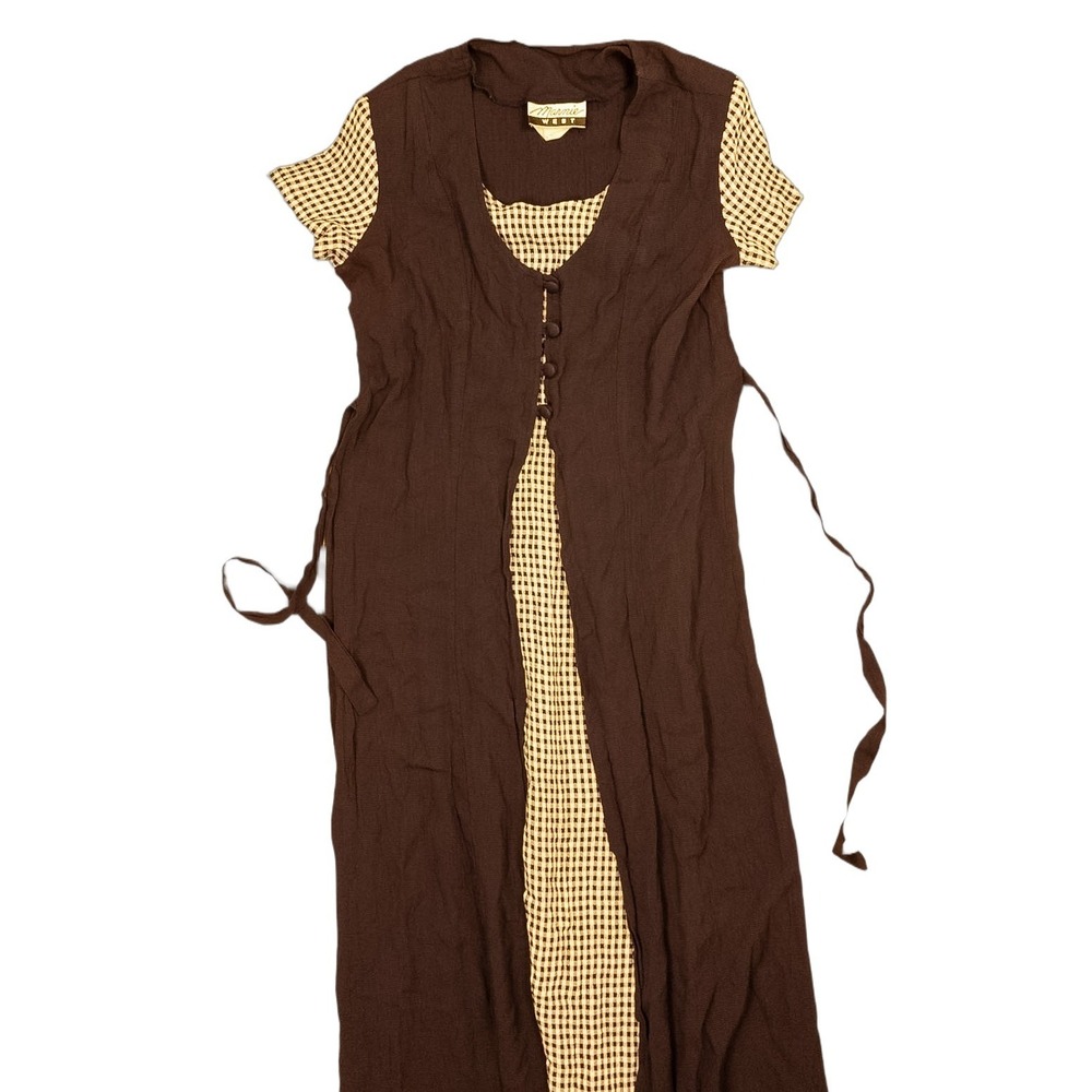 Marnie West Maxi Dress Womens 10 Brown Gingham Layered 90s Vintage Cottagecore